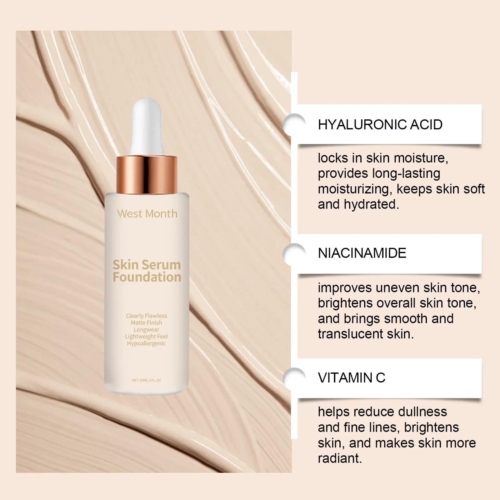 West Month Moisturizing Liquid Foundation | Waterproof 30ml Liquid Foundation Oasis Select