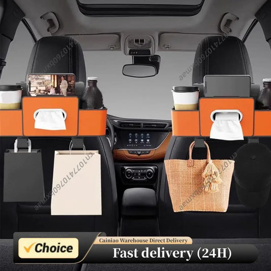 Multifunctional Car Organizer with Cup Holder Tissue Box and Hooks Vehicle Seat Back Hanging Storage Box Travel Accessories Peaceful Pleasures Health and Wellness