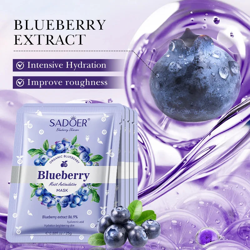 SADOER Blueberry Hyaluronic Acid Face Mask 5pcs – Hydrating Sheet