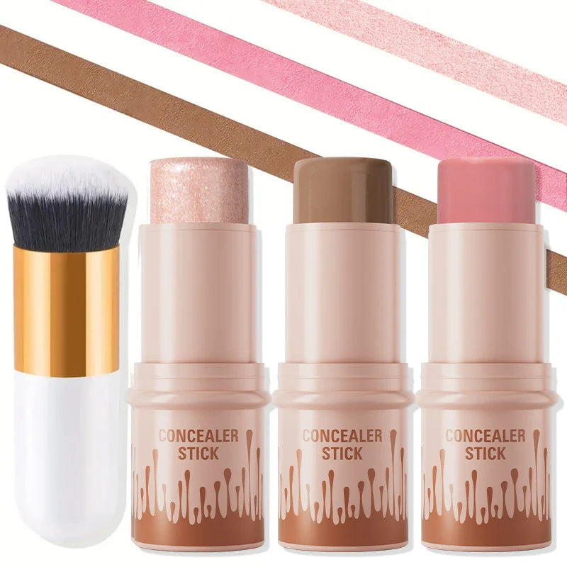 Hello Kiss 4-Piece Contour Highlight Blush Stick Set & Brush