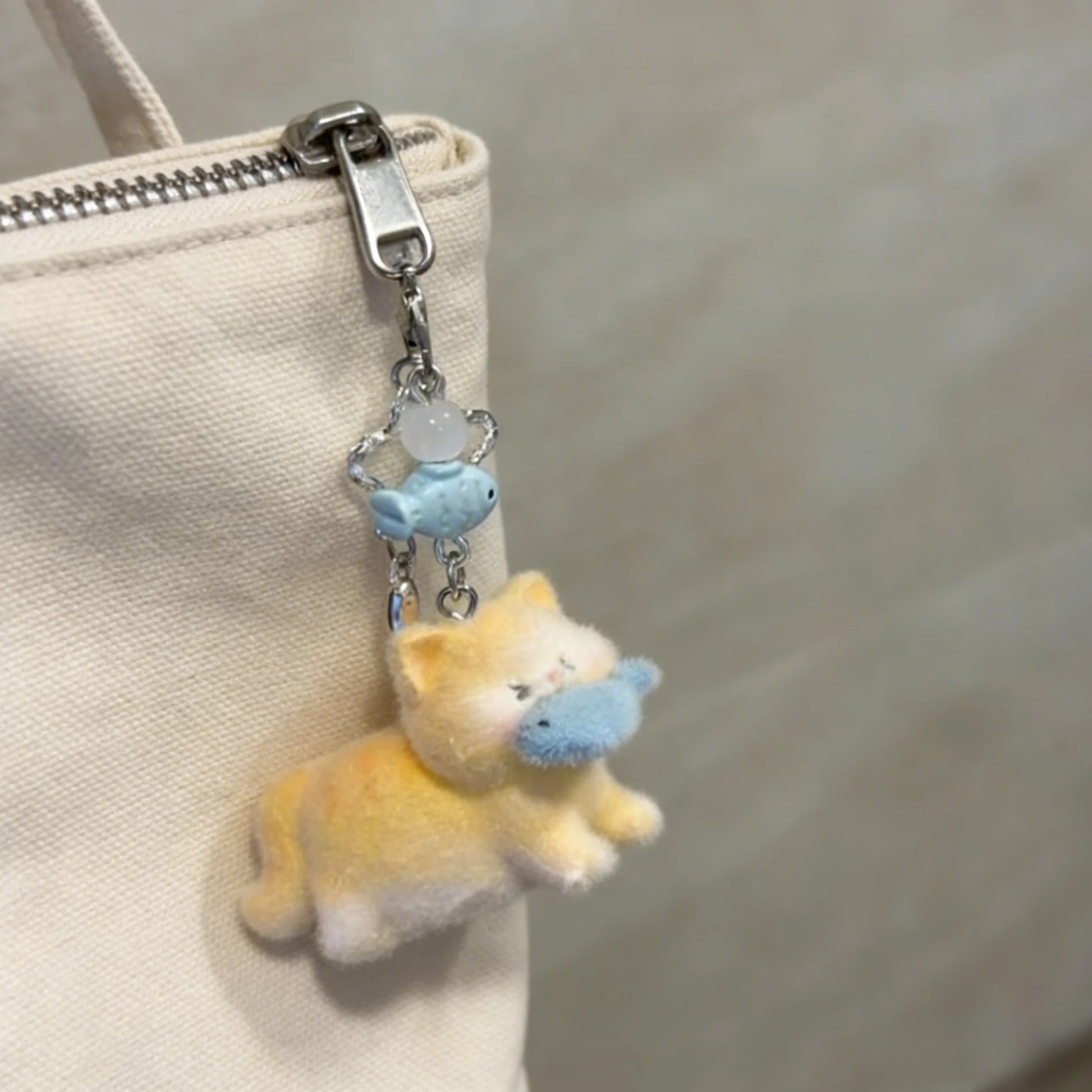 Cute Cartoon Cat Eating Fish Plush Pendant Flocking Keychain Girlish Heart Bag Charm Lovely Dolls Hanging Accessory Decoration Peaceful Pleasures Health and Wellness