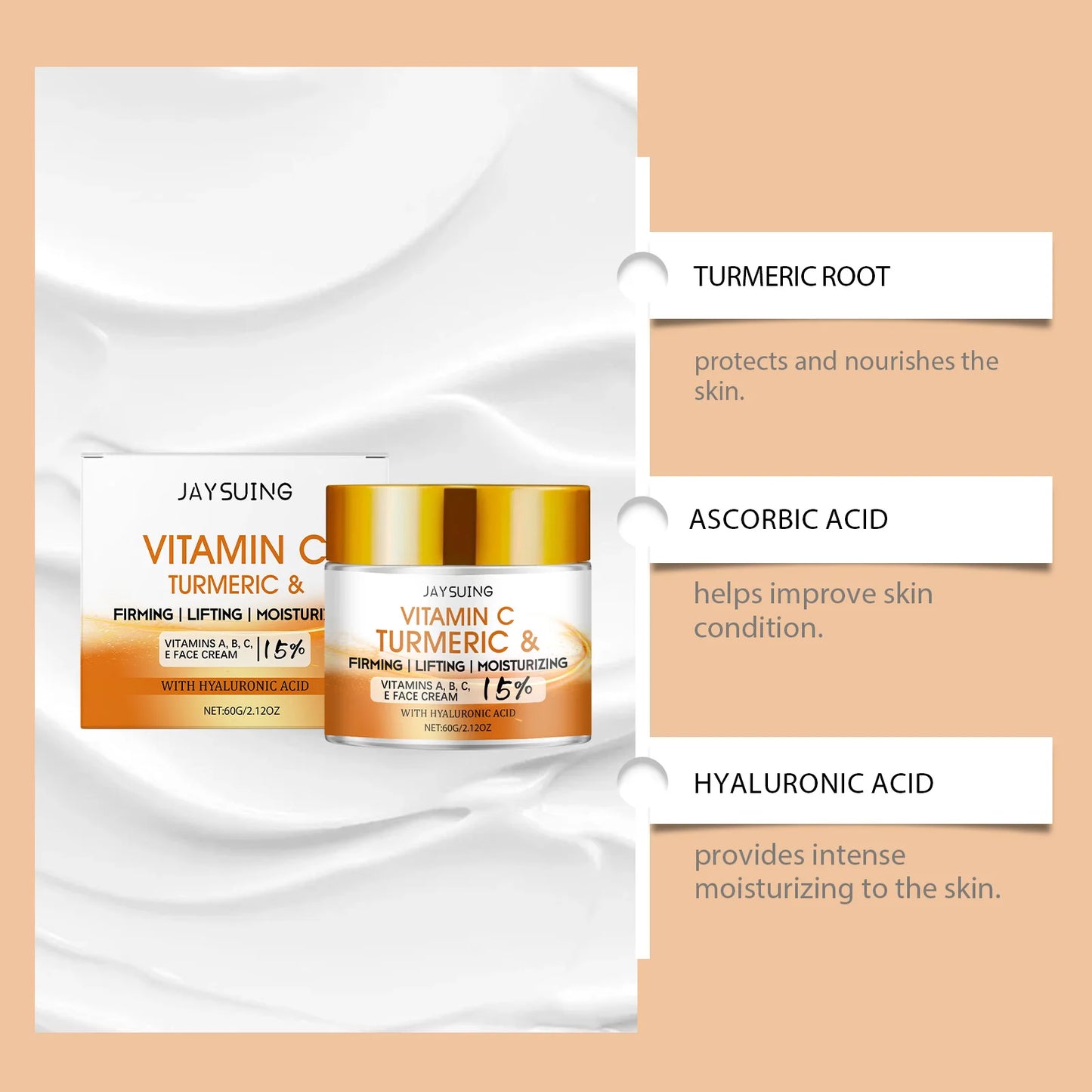 Turmeric Face Cream 15% Vitamin C Anti-Aging Firming Tightening Repair Skin Fights Acne Brightening Hyaluronic Acid Moisturizer Peaceful Pleasures Health and Wellness