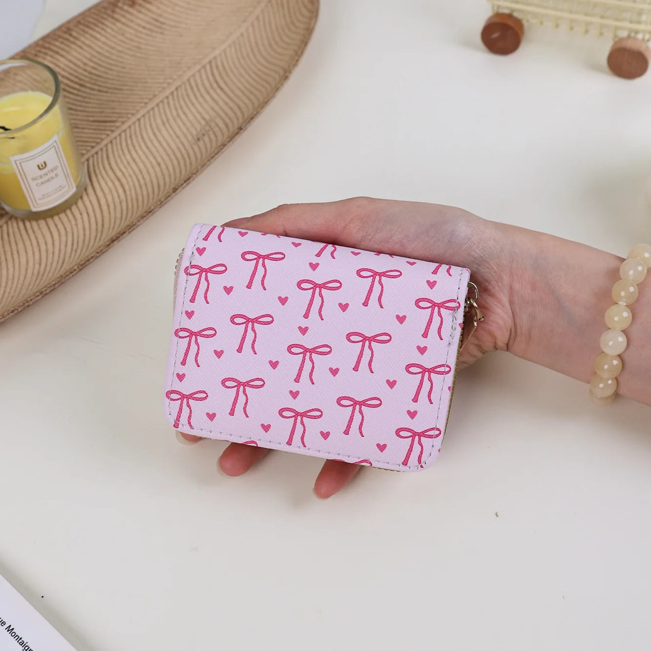 Korean style Multi-slots Zipper Mini Coin Purse Pink Sweet Bowknot Card Holder Women Girls PU Leather Portable Travel Wallet Peaceful Pleasures Health and Wellness rose red