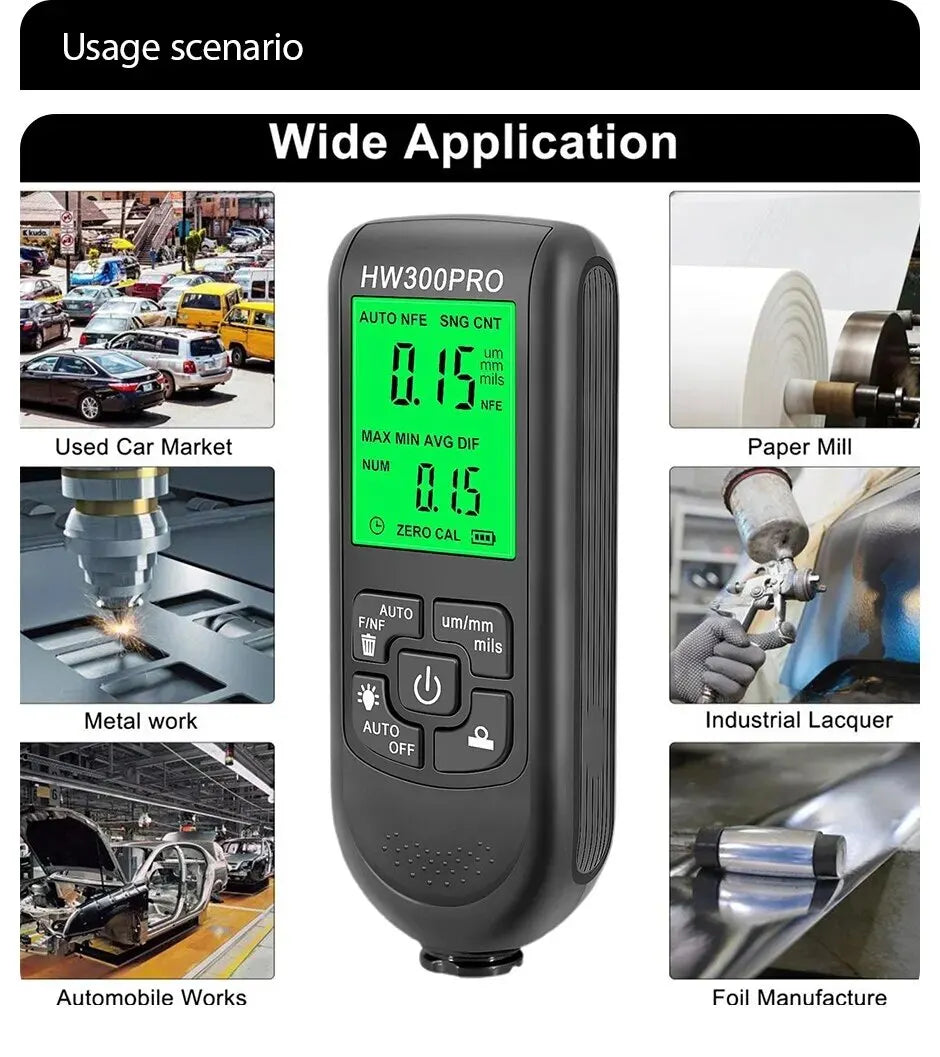 HW-300PRO Car Paint Film Automatic Thickness Gauge 0-2000UM Fe & NFe Coating Thickness Tester Manual Automotive Paint Tools Peaceful Pleasures Health and Wellness