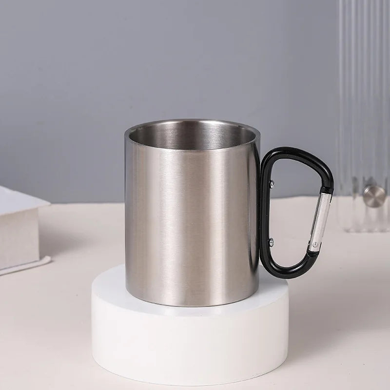 Hot 300ml Camping Travel 201 Stainless Steel Cup Carabiner Hook Handle Picnic Water Mug Outdoor Travel Hike Cup Portable Mug Peaceful Pleasures Health and Wellness black 300ml