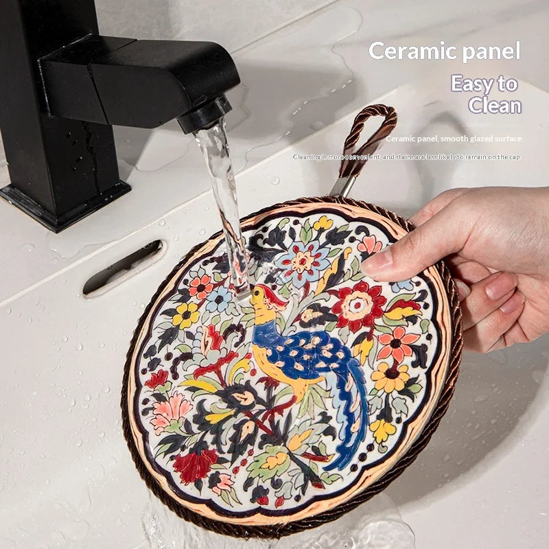 Vintage Heat Resistant Trivet Mat for Hot Pot Cast Cookware Enameled Dutch Oven Ceramic Dinnerware Tabletop Placemat Non-Slip Peaceful Pleasures Health and Wellness