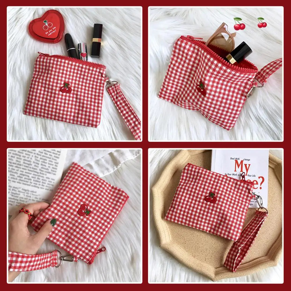 Red Cherry Canvas Makeup Bag, Portable and Easy to Carry. Red Plaid, Large Capacity Cosmetic Lipstick Storage Bag. Peaceful Pleasures Health and Wellness