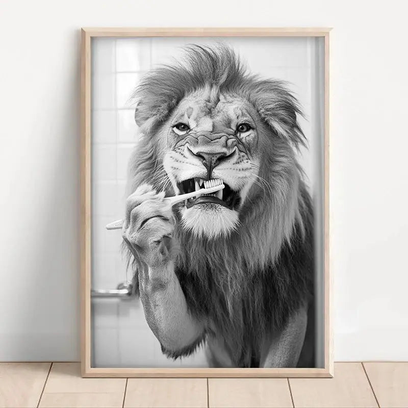 Funny Bathroom Animal Canvas Wall Art | Vintage Brushing Teeth