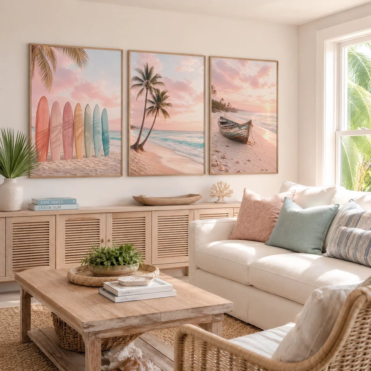 Nordic Coastal Beach Wall Art Pink Sunset Canvas Painting Tropical Ocean Palm Tree Poster Print Living Room Decor Peaceful Pleasures Health and Wellness
