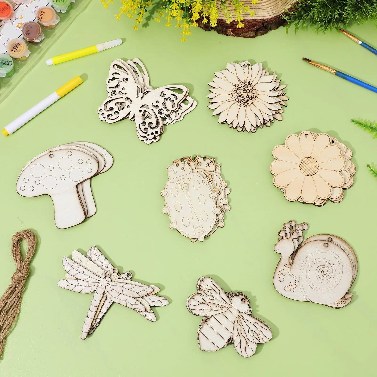 40Pcs Unfinished Wooden Flowers Insects Hanging Cutouts DIY Wooden Crafts Painting Shapes Wood Slices Jute Rope Rustic Wall Peaceful Pleasures Health and Wellness Default Title