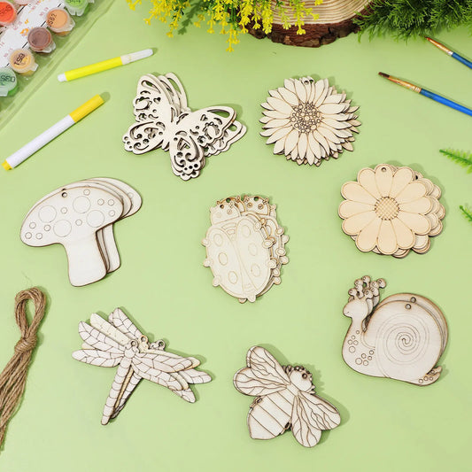 40Pcs Unfinished Wooden Flowers Insects Hanging Cutouts DIY Wooden Crafts Painting Shapes Wood Slices Jute Rope Rustic Wall Peaceful Pleasures Health and Wellness Default Title