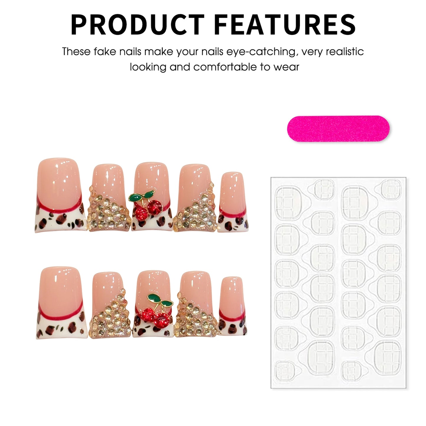 10pcs Short Duckbill Press On Nails – 3D Cherry French Leopard Y2K