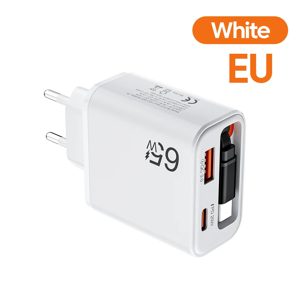 65W GaN Charger 3-Port PD QC3.0 Retractable USB-C Cable