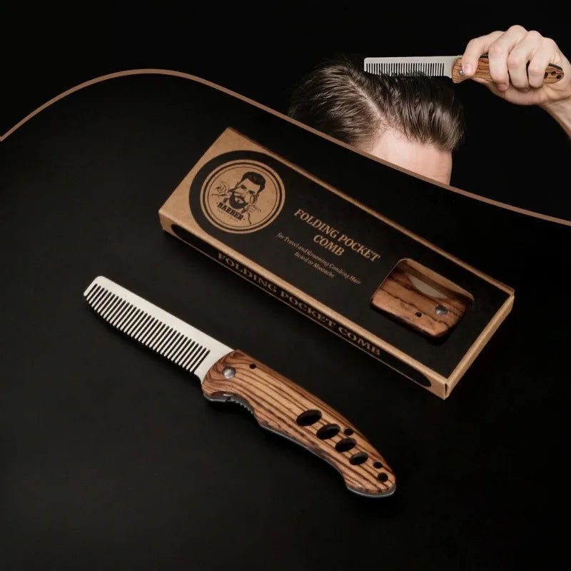 Solid Wood & Metal Folding Beard Comb for Men, Portable Pompadour Styling Grooming Kit, Barber-Grade Travel Hair Mustache Comb Peaceful Pleasures Health and Wellness
