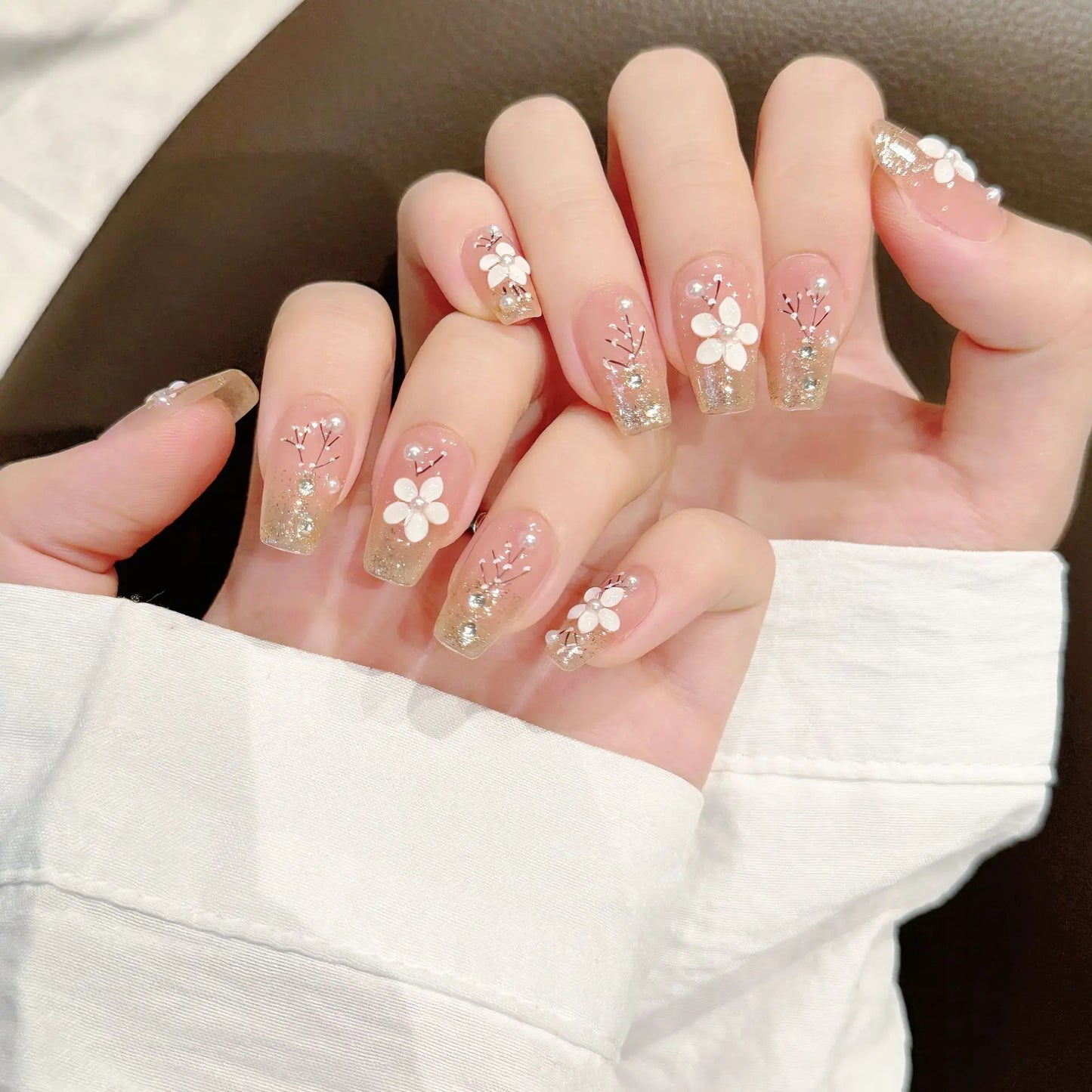 Handmade Press on Nails Shiny Autumn Flower Cat Eye Fake Nail Tips Short Coffin French Nude False Nail for bride Wearable Peaceful Pleasures Health and Wellness