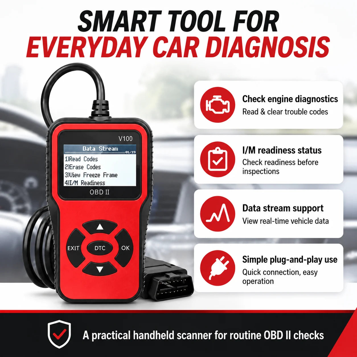 V100 Automotive Code Reader OBDII Scanner Engine Diagnostic Tool with Battery Voltage Test Function Peaceful Pleasures Health and Wellness