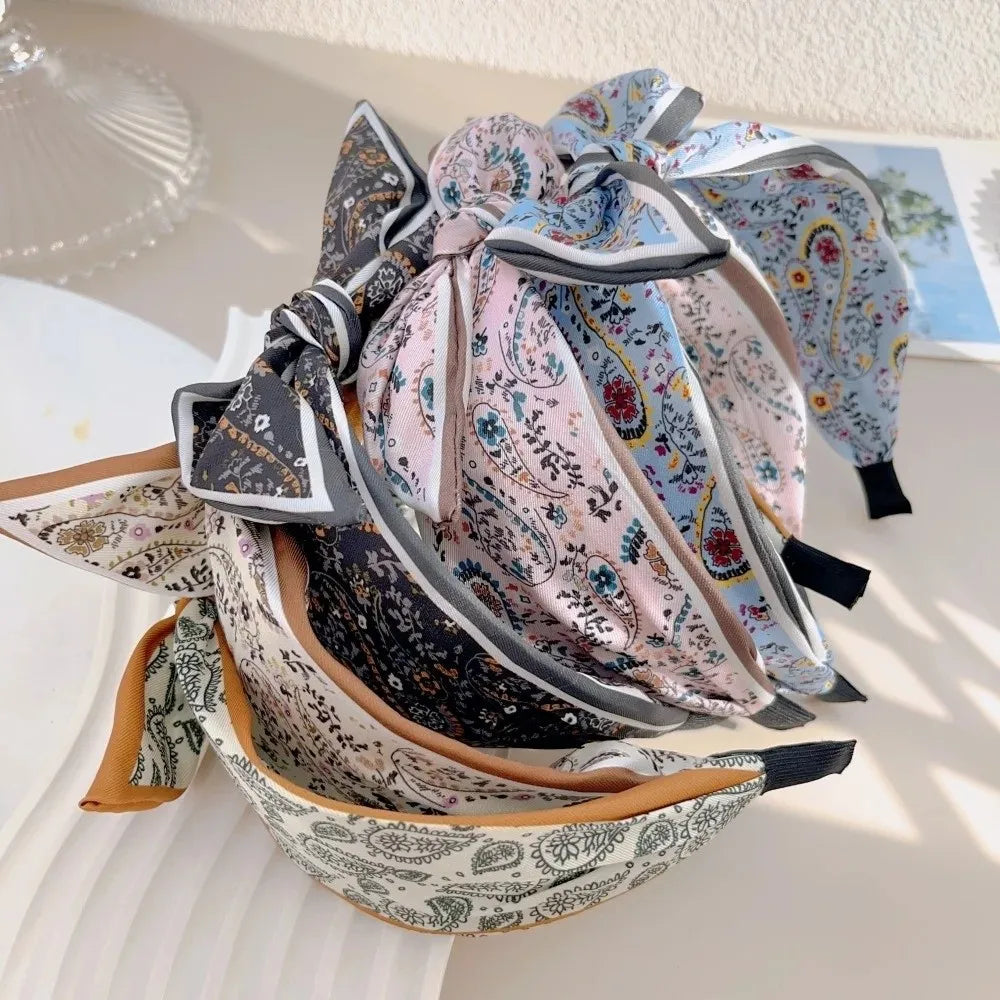 Wide Brim Bowknot Headband – Floral Paisley Elastic Hair Hoop
