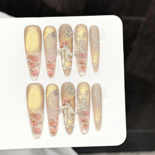 Handmade 3D Floral Lace Almond Press On Nails Cat's Eye 10pcs Press-On Nails Peaceful Pleasures Health and Wellness
