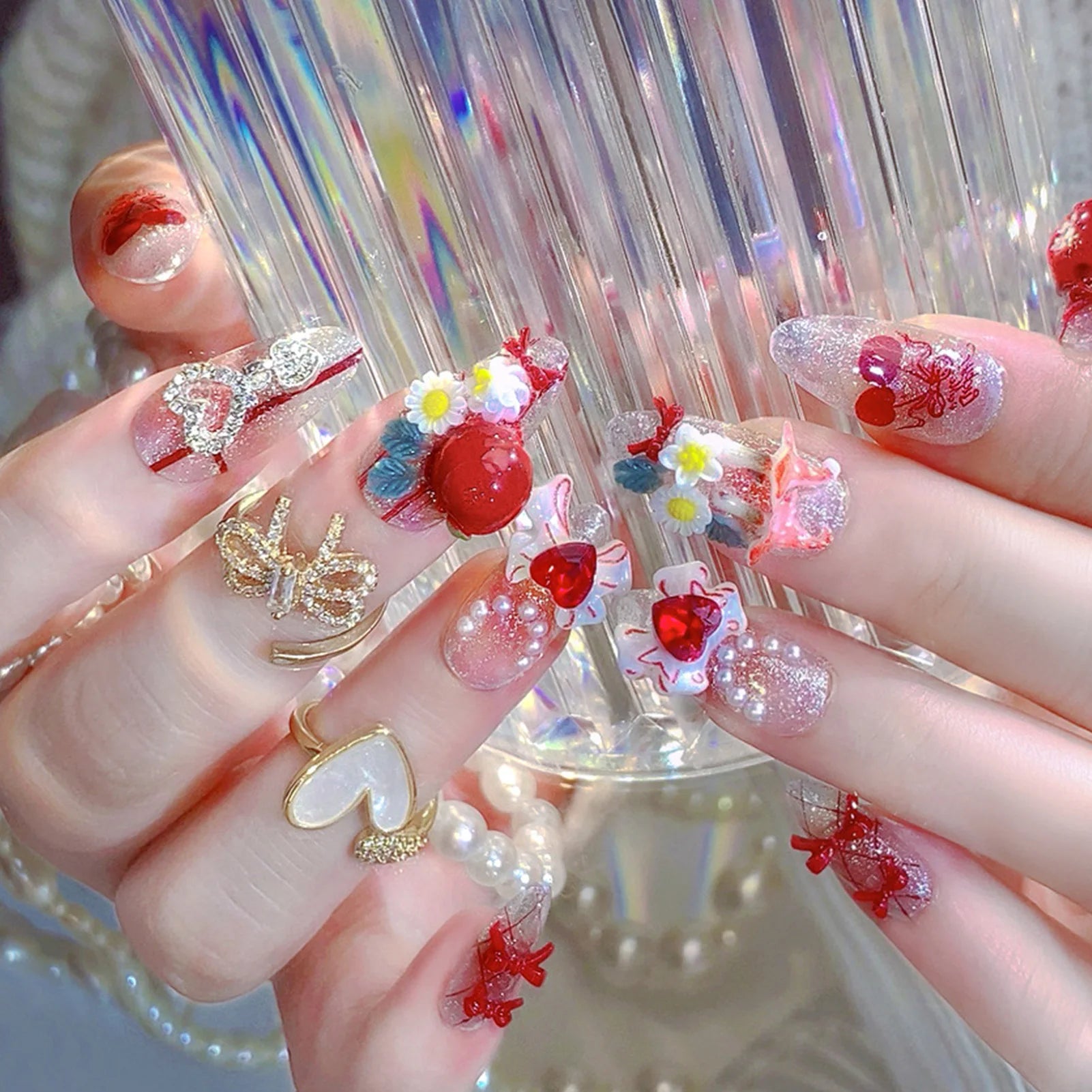 24pcs Flash Fake Nails Japanese Style Press On Nails Apples Heart Bow Decor Wearable Light Luxury Almond Fake Nails Party Daily Peaceful Pleasures Health and Wellness