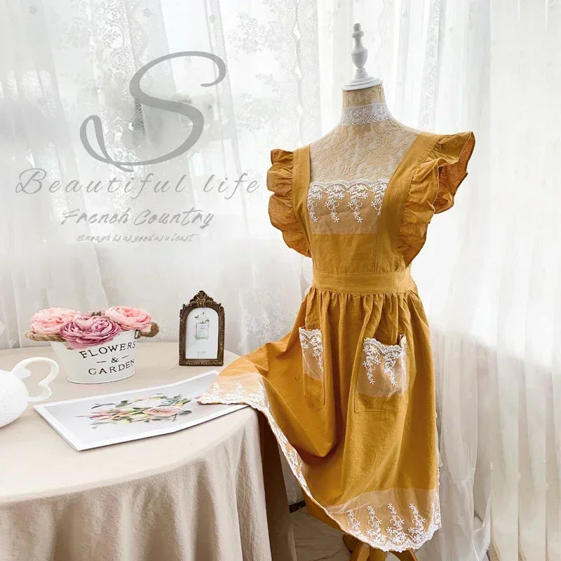 Pure Cotton Apron Floral Art All-cotton Garden Smock Princess Full-body Flower Shop Work Clothes Summer Linen Manicure Apron New Peaceful Pleasures Health and Wellness YELLOW