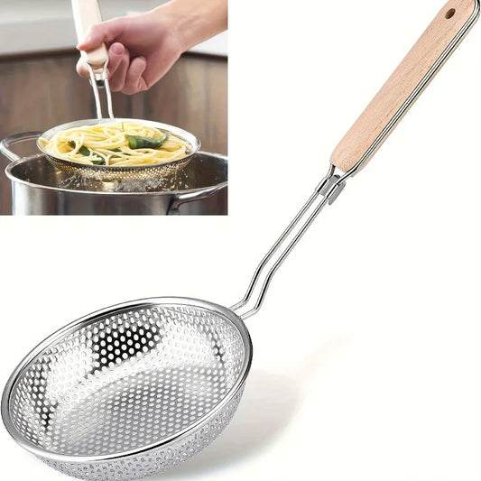 New Stainless Steel Colander with Wooden Handle Fine Mesh Skimmer Spoon for Cooking Food Prep Grease Filtering for Pasta Noodles Peaceful Pleasures Health and Wellness