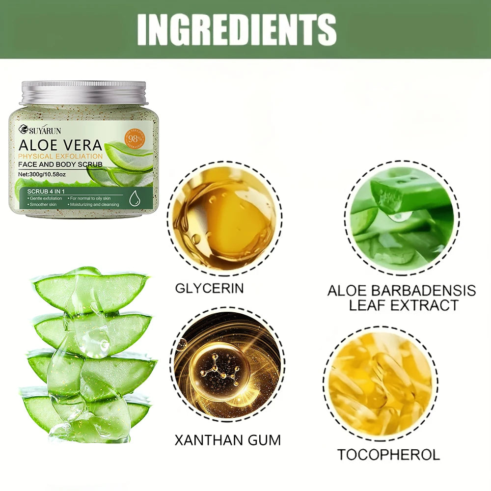 SUYARUN Natural Aloe Vera Exfoliating Scrub for Face & Body - Moisturizing Organic Formula, Gentle Skin Renewal 300g. Peaceful Pleasures Health and Wellness
