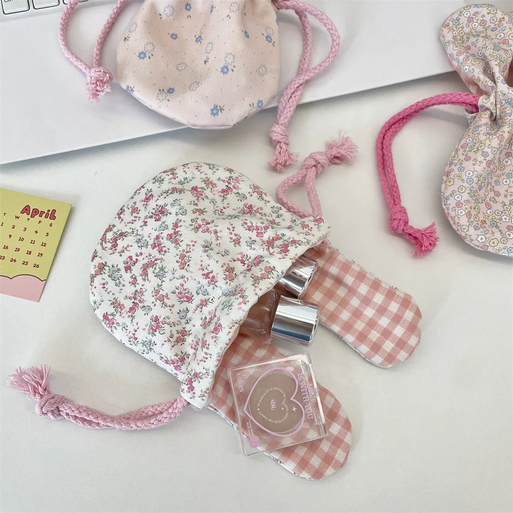 Cute Rabbit Ear Floral Drawstring Storage Bag Outdoor Portable
