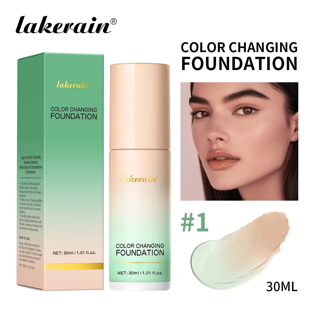 Lakerain Magic Color Changing Foundation Liquid Long Lasting Hydrating lightweight Base Makeup High Coverage Effective Concealer Peaceful Pleasures Health and Wellness light green 30ml