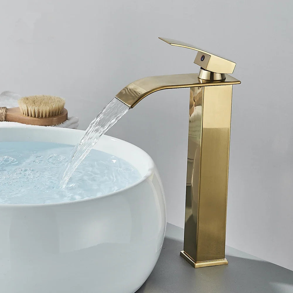Brushed Gold Waterfall Bathroom Faucet | Single Handle Mixer