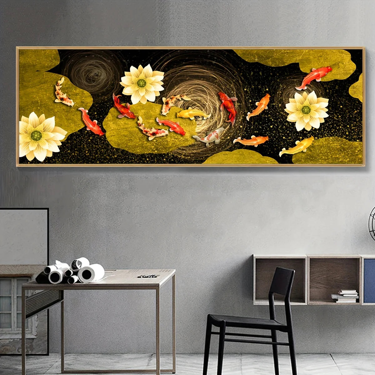 Large Wall Decorative Painting on Canvas Chinese Style Koi Poster Nine Fish Illustration Feng Shui Carp Lotus Pond Home Decor Peaceful Pleasures Health and Wellness ZLH3489 80x240cm Unframed