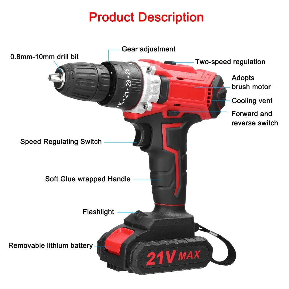21V Cordless Lithium Drill 25 Gears Torque 2 Speed Stepless Brush Motor Forward Reverse Electric Drill Peaceful Pleasures Health and Wellness