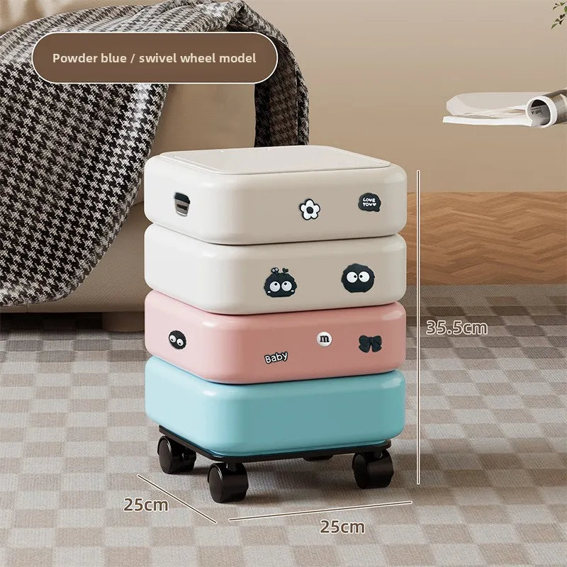 Cartoon Trash Bin with Lid Large Capacity Multi-Functional Mobile Wastebasket Modern Household Storage Organizer Wheels Peaceful Pleasures Health and Wellness Blue Wheel Stickers