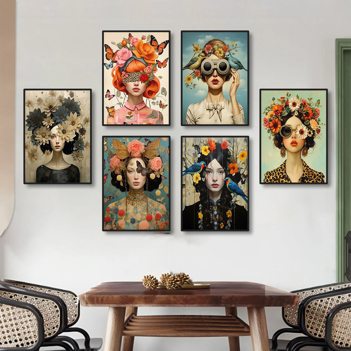 Nordic Scandinavian Style Glasses Woman with Flowers Birds Wall Art Canvas Painting Portrait Poster Prints for Modern Home Decor Peaceful Pleasures Health and Wellness