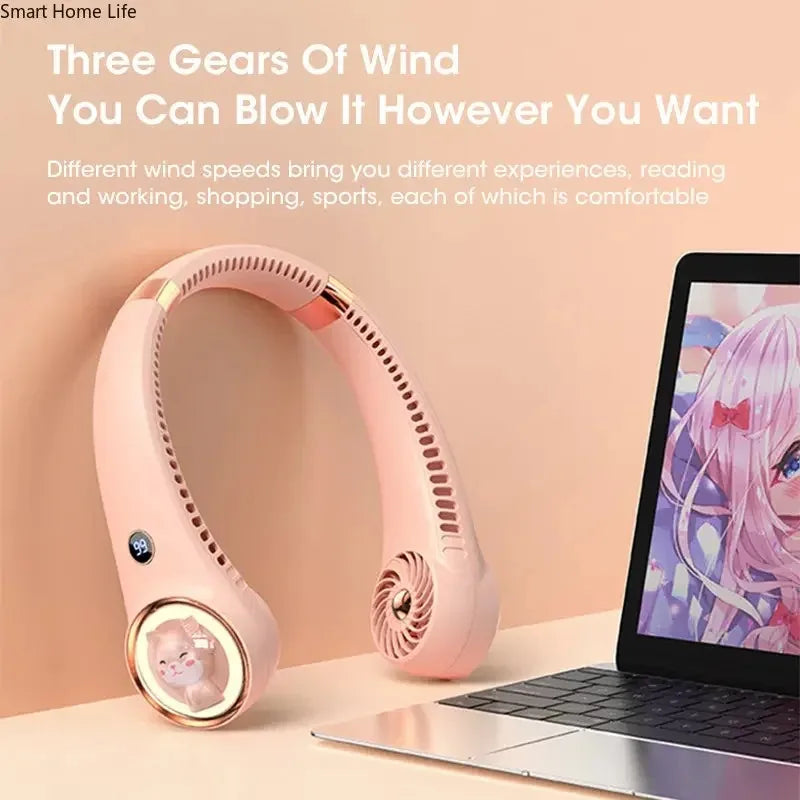 Bladeless Cute Cat Neck Fan USB Rechargeable Mini with Digital Display 2000mAh Battery for Outdoor Travel Peaceful Pleasures Health and Wellness