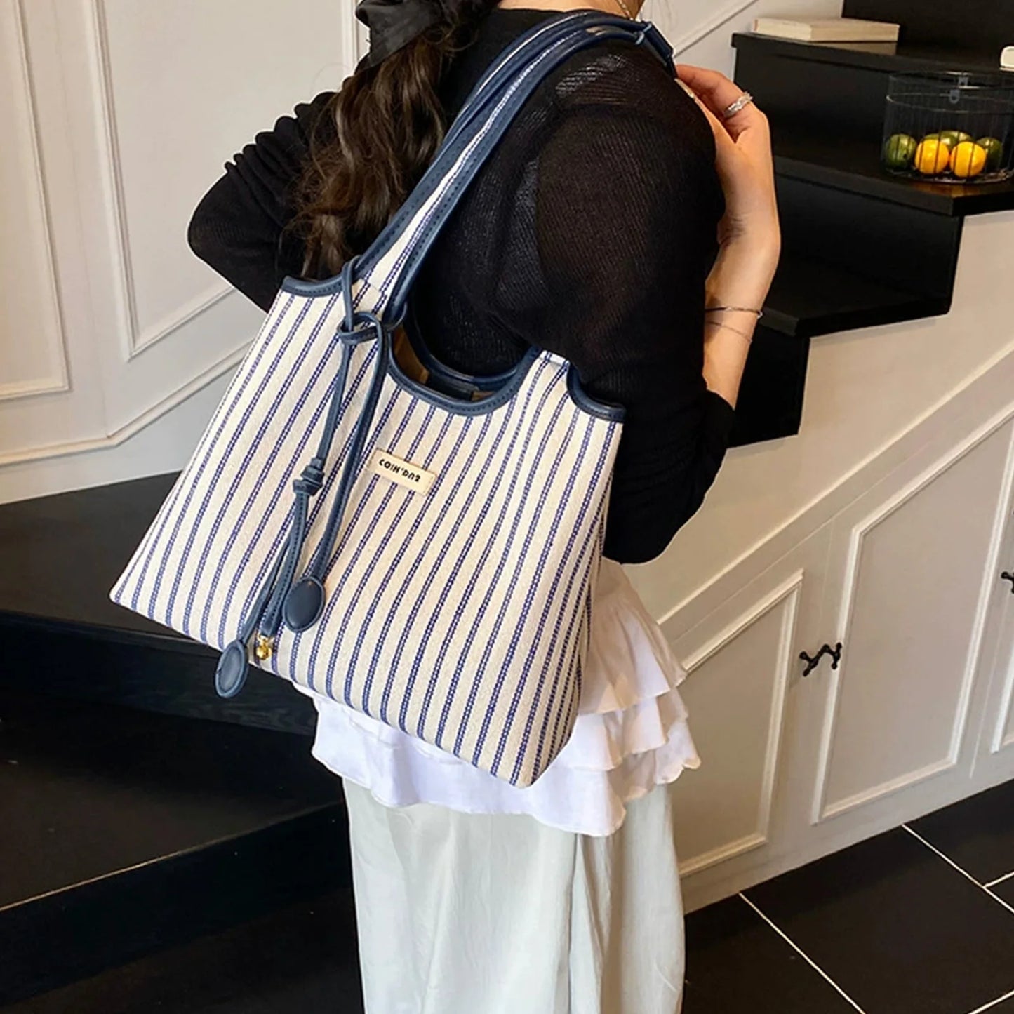 Striped Canvas Tote Bag for Women Large Capacity Shoulder Crossbody Bag Fashion Commute School Bag Peaceful Pleasures Health and Wellness