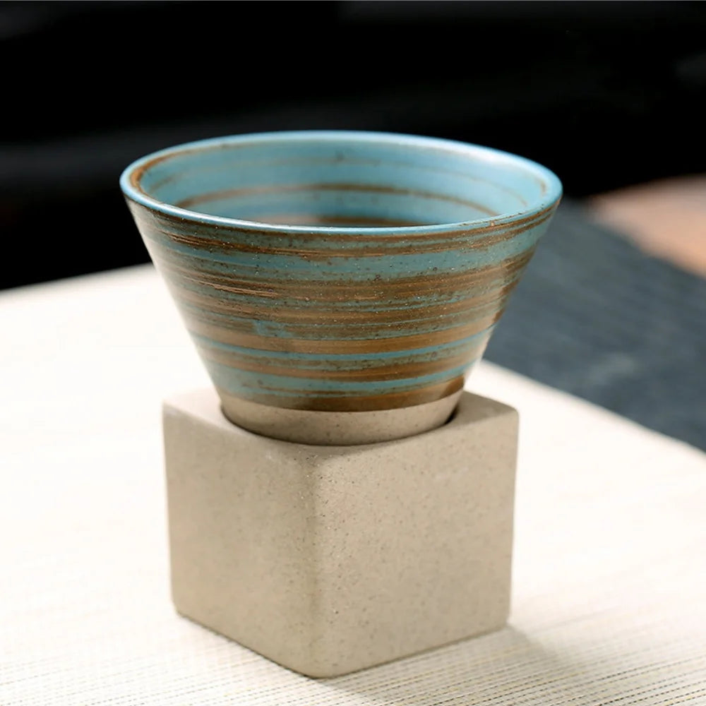 100ml Coarse Pottery Coffee Mugs, Japanese Style Ceramic Tea Cups Triangular Cone Shape Porcelain Retro Mug with Square Base Peaceful Pleasures Health and Wellness 100ml Blue 100ml