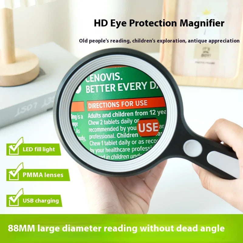 Magnifying Mirror for Elderly Readers, Rechargeable Handheld with Light, Student Observation Gift Peaceful Pleasures Health and Wellness