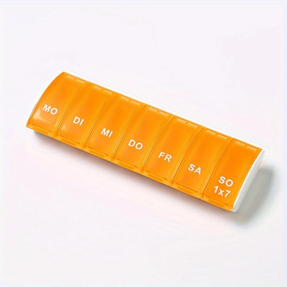 7Day Pill Organizers with Labeled Compartments Monday to Sunday Color-Coded for Travel And Daily Use Featuring a Vibrant Familie Peaceful Pleasures Health and Wellness orange