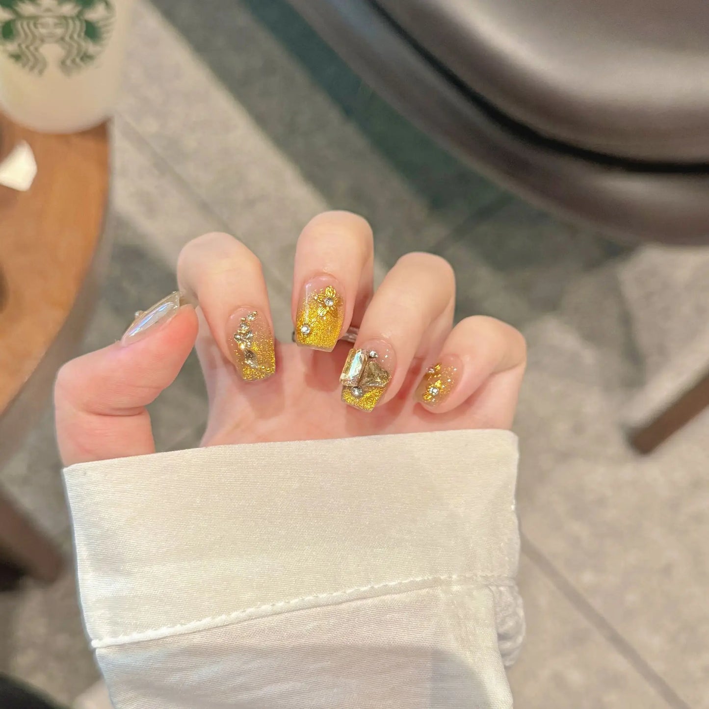 Gold French Cat Eye Press-On Nails – Crystal Flower Tips