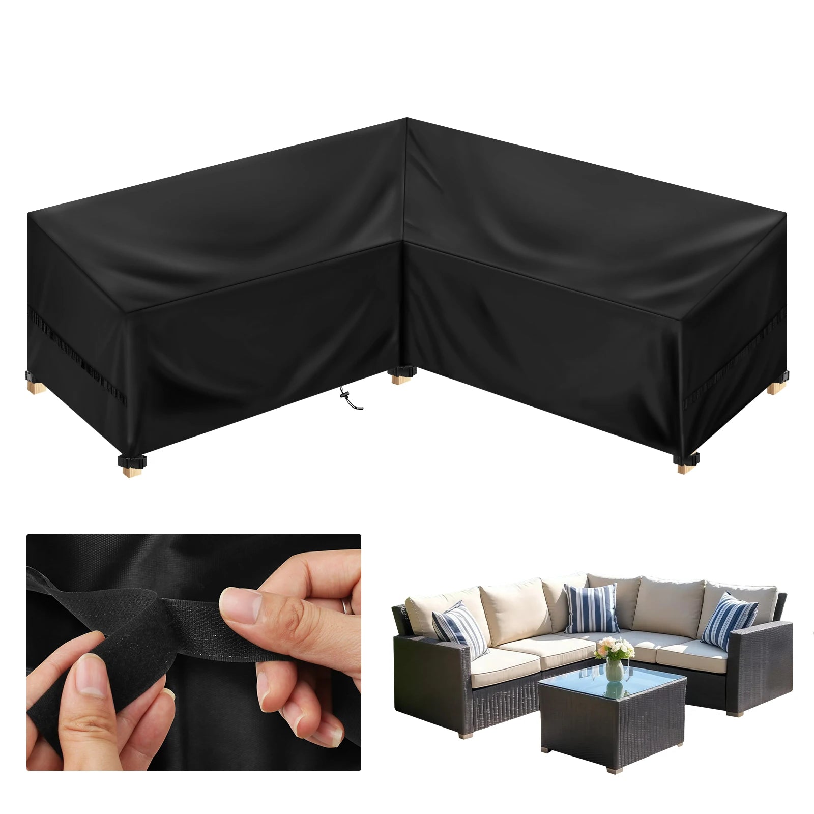 Waterproof Garden Furniture Cover L-Shaped Lounge Cover Sofa Cover for Garden Tarpaulin Corner Sofa Furniture Protective Cover Peaceful Pleasures Health and Wellness Black 215x215x87cm