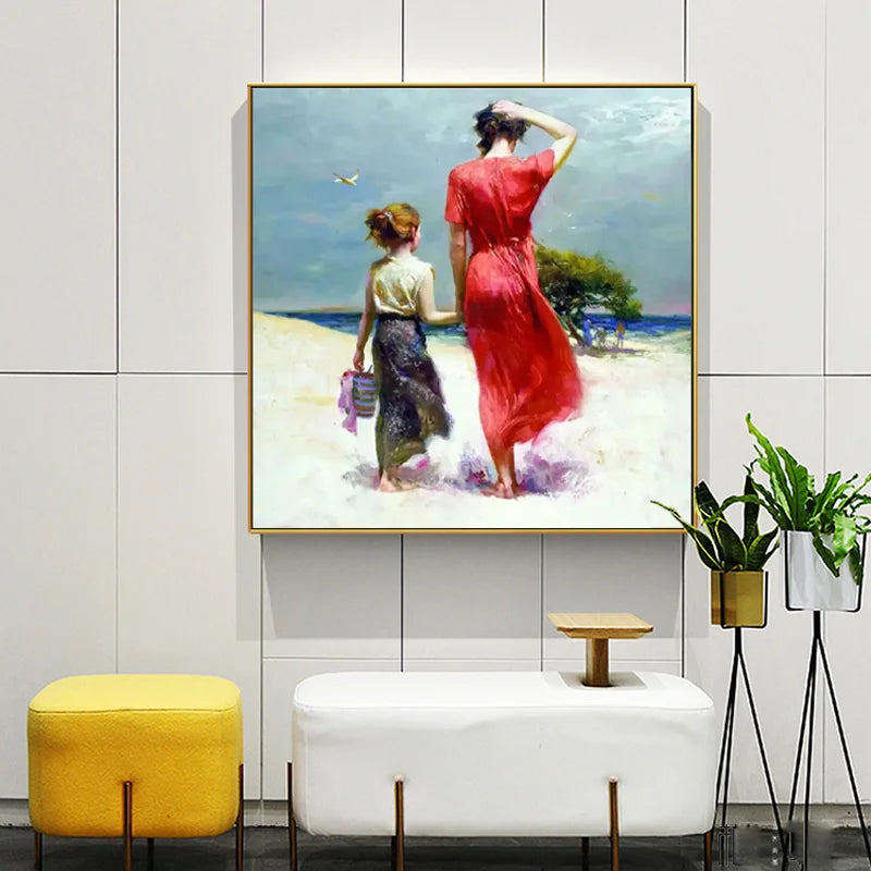 100% Hand Painted Boutique Unframed Impressionist Canvas Figure Painting, Mother and Child Oil Painting, seaside Peaceful Pleasures Health and Wellness