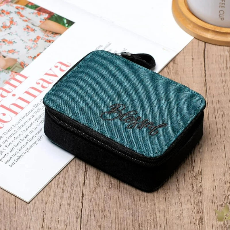 Pill Organizer Case, Weekly Pill Box for Vitamin and Supplement Holder, 7-Day Travel Organizer Medicine Case Peaceful Pleasures Health and Wellness Black with Green