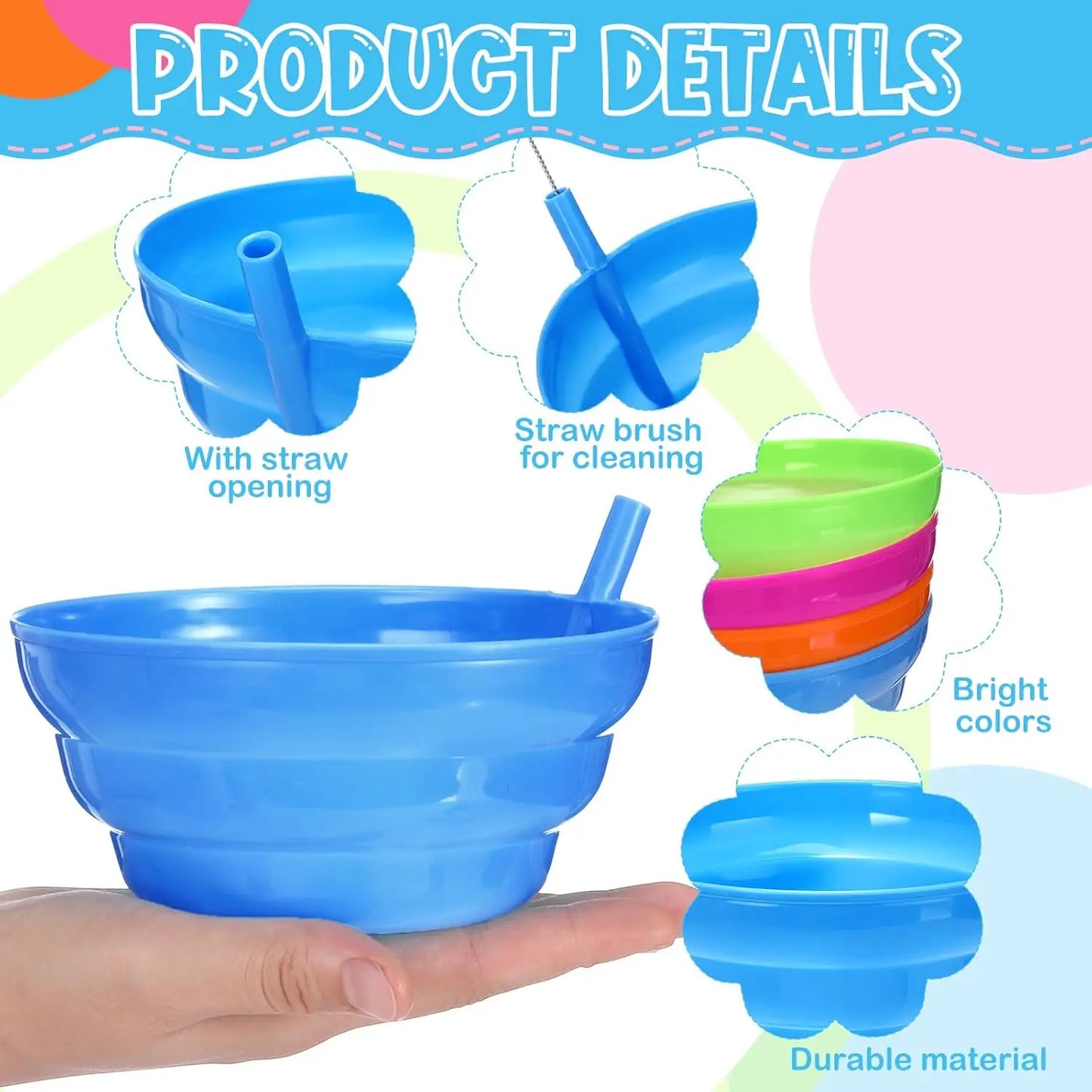 4PCS Cereal Bowls with Straws for Kids 20 Ounce BPA-Free Plastic Reusable Bowls with Built-In Straws for Children Peaceful Pleasures Health and Wellness