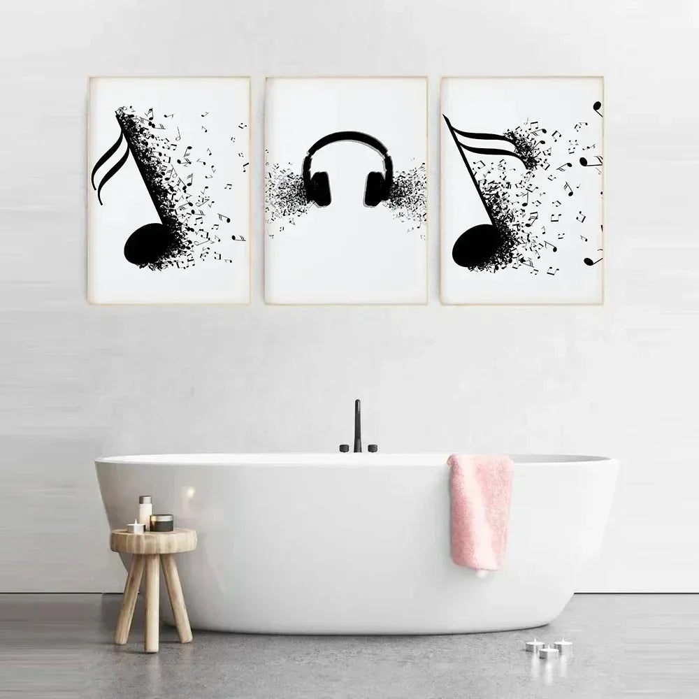 Abstract Wall Art Nordic Musical Note Headphones Canvas Painting Modern Poster Black.White Lines for Living Room Home Decoration Peaceful Pleasures Health and Wellness