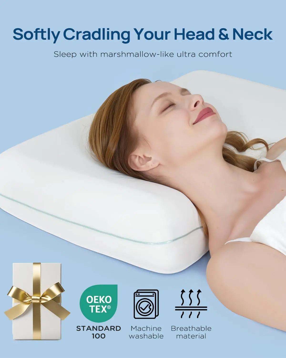 Woman lying on a white pillow with text about comfort and features.