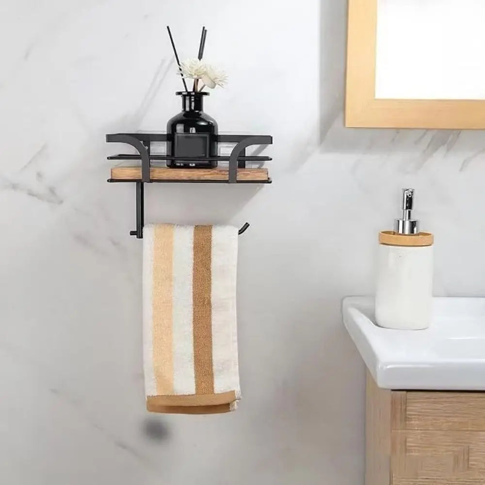 Rustic Wood & Iron Wall-Mounted Toilet Paper Holder with Shelf