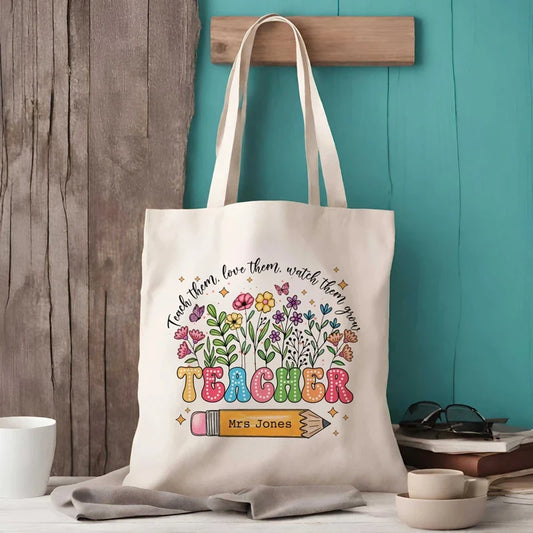 Personalized Teacher Canvas Tote Bag | Custom Name Gift Personalized Tote Bag Peaceful Pleasures Health and Wellness