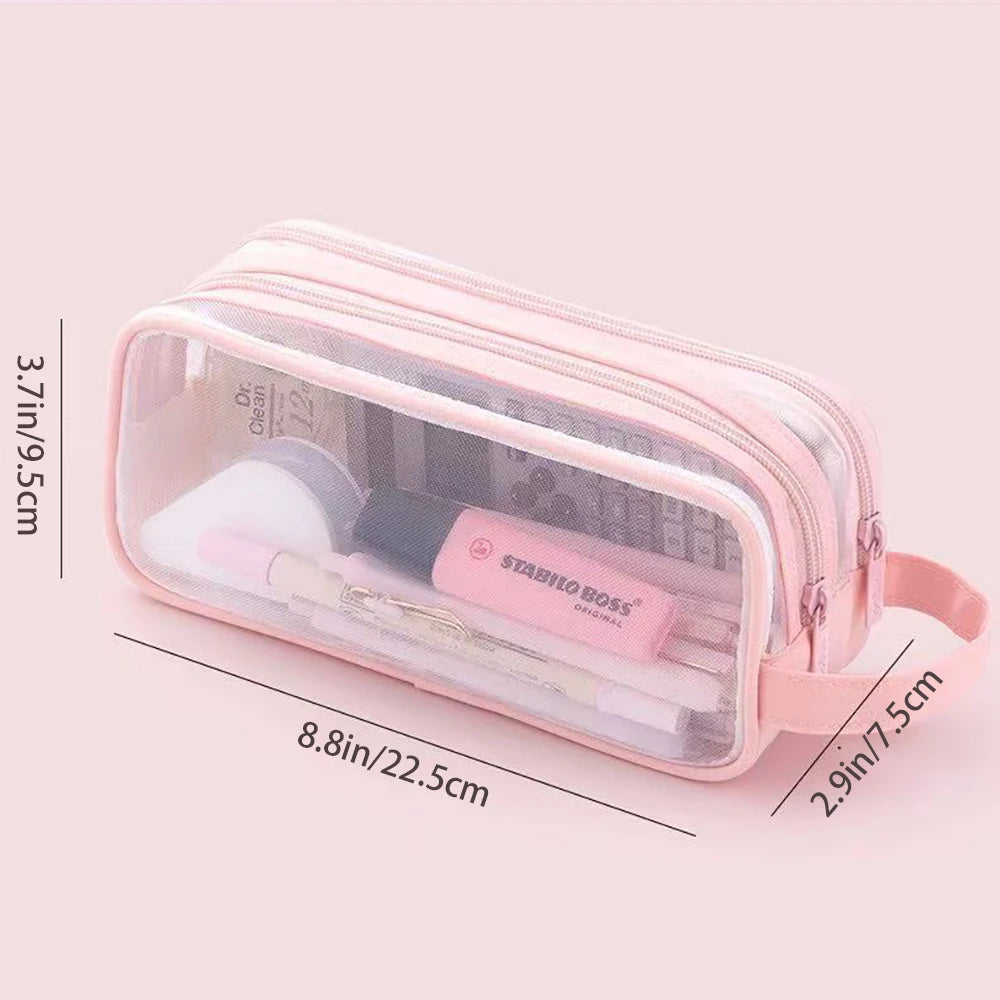 Mesh Double-layer Pencil Case Large Capacity Student Creative Simple