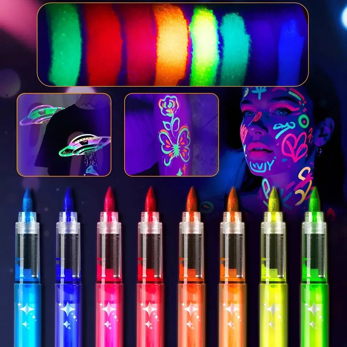 Glow in The Dark Face Paint Markers, UV Neon Body Paint Pens, Waterproof & Skin-Safe Blacklight Tattoo Markers, Washable Peaceful Pleasures Health and Wellness