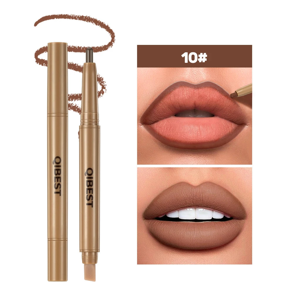 QIBEST Double Head Lip Liner&Brush Pen Mist Matte Velvet Contour Tint Lipstick Pencil Long Lasting Nude Brown Natural Lip Makeup Peaceful Pleasures Health and Wellness 10